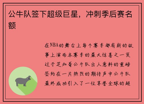 公牛队签下超级巨星，冲刺季后赛名额