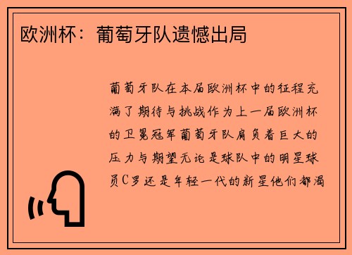 欧洲杯：葡萄牙队遗憾出局